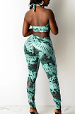 Lake BlueSexy Digital Printing Hurnt Flower Hole Strapless Halter Neck Fashion Two Piece SZS8086-3