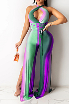 Purple Digital Printing Halter Neck Strapless Drawsting Dew Leg Jumpsuits SZS8093-2
