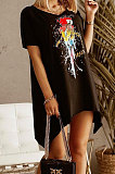 Black Euramerican Women Fashion Casual Loose Printing Irregularity Mini Dress ML7445-1