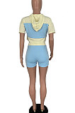 Light Blue Fashion Spliced Casual Hoodies Shorts Sets ML7220-3