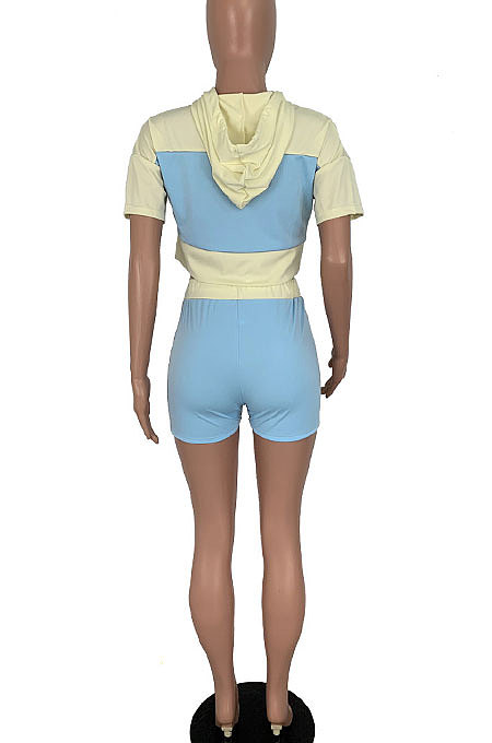 Light Blue Fashion Spliced Casual Hoodies Shorts Sets ML7220-3