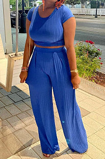 Blue Women Pit Bar Pure Color Casual Pants Sets JR3635-1