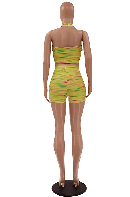 Rainbow Yellow Fashion Rainbow Ice Silk Screw Thread Printing Sling Tank Two Piece LSZ91172