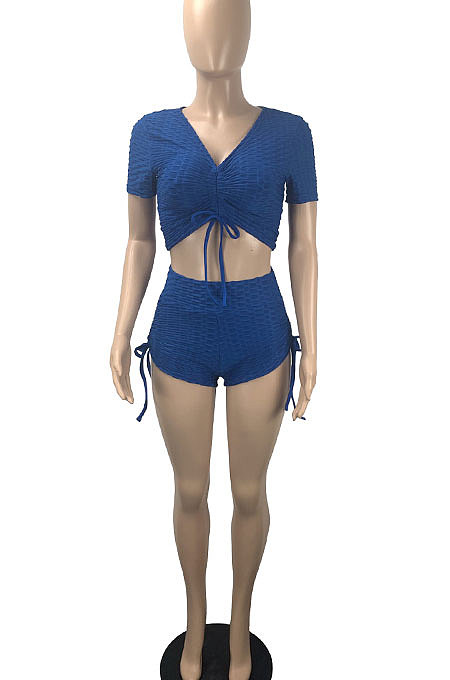 Blue Women Trendy Sport Sexy Elastic Force Drawsting Shorts Sets ML7447-1