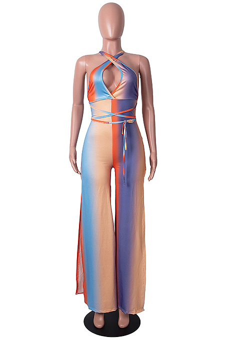 Orange Digital Printing Halter Neck Strapless Drawsting Dew Leg Jumpsuits SZS8093-1