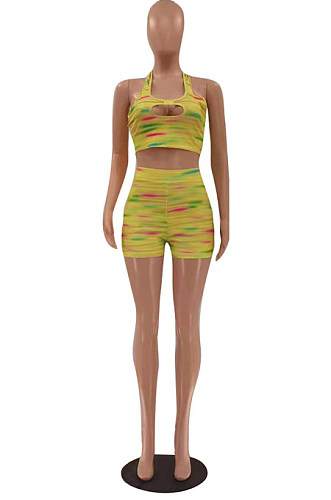 Rainbow Yellow Fashion Rainbow Ice Silk Screw Thread Printing Sling Tank Two Piece LSZ91172