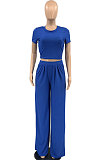 Blue Women Pit Bar Pure Color Casual Pants Sets JR3635-1