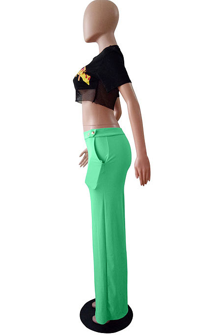 Green Casual personality Or So Symmetry Four Grain Buckle Flare Long Pants Have Pocket LS6026-1