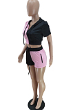 Pink  Hoodie Pocket Zipper Dew Waist Top Shorts Sports Sets QC8009-3