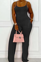 Black Night Club Sexy Pure Color Loose Sling Jumpsuits QSS51025-2