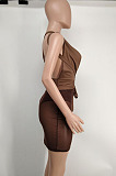 Khaki Euramerican Sexy Net Yarn Perspctive Slim Fitting Dress A8609-2