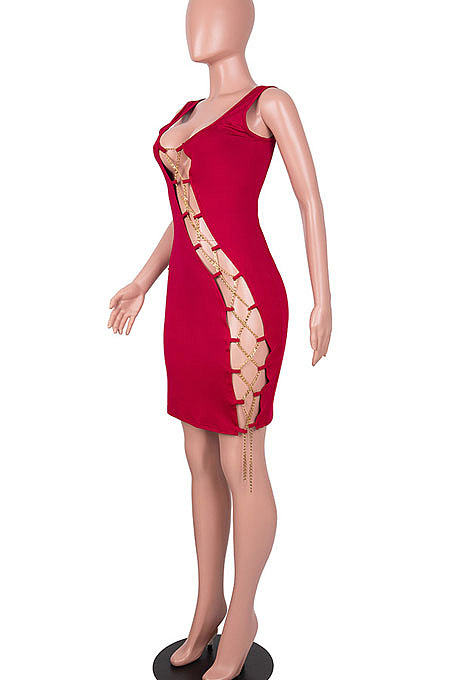 Wine Red Women Sexy Condole Belt Chain Cross Mini Dress MA6704-4