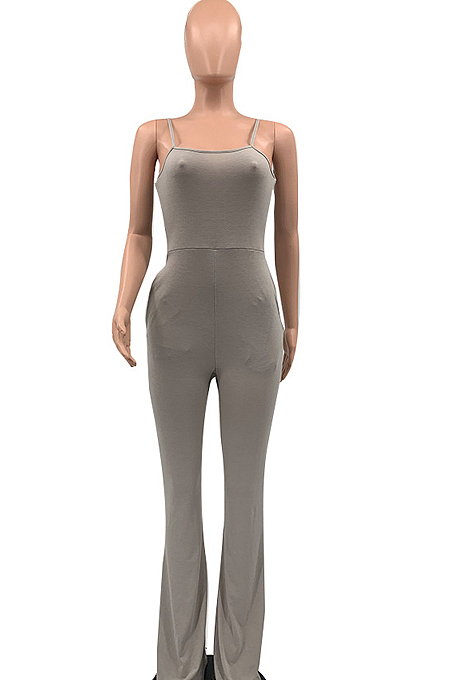 Grey Night Club Sexy Pure Color Loose Sling Jumpsuits QSS51025-1
