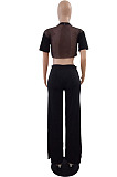 Black Casual personality Or So Symmetry Four Grain Buckle Flare Long Pants Have Pocket LS6026-2