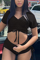 Black Women Trendy Sport Sexy Elastic Force Drawsting Shorts Sets ML7447-2