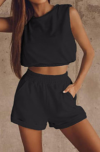 Black Women Trendy Sport Casual Pure Color Vest Shorts Sets ML7446-1