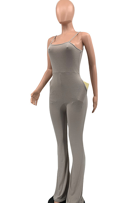 Grey Night Club Sexy Pure Color Loose Sling Jumpsuits QSS51025-1