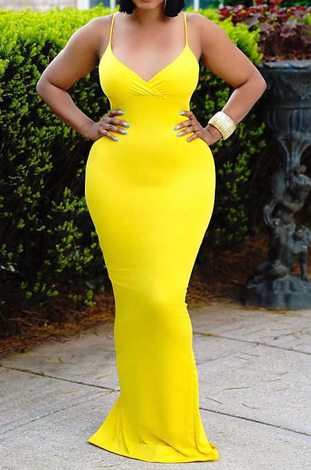 Yellow Summer Fashion Pure Color Sexy Sling Backless Long Dress ZQ8108-1