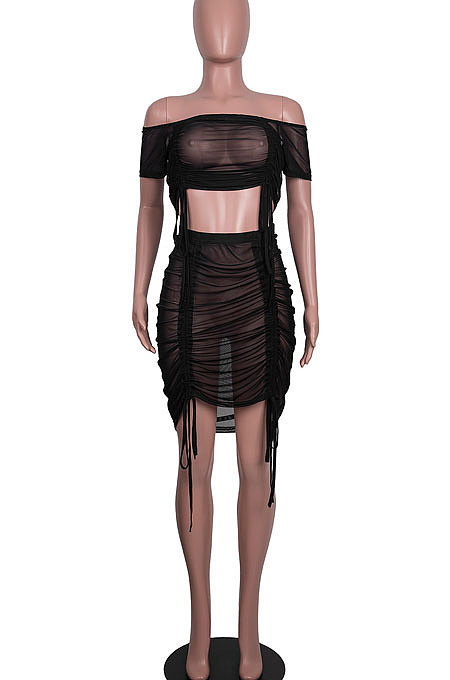 Black Women Net Yarn Package Hip Skirt A Word Shoulder Top Two-Pieces MA6711
