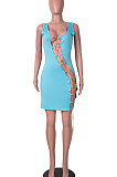 Blue Women Sexy Condole Belt Chain Cross Mini Dress MA6704-5
