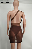 Khaki Euramerican Sexy Net Yarn Perspctive Slim Fitting Dress A8609-2