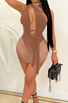 Khaki Euramerican Sexy Net Yarn Perspctive Slim Fitting Dress A8609-2