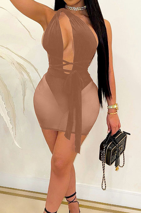 Khaki Euramerican Sexy Net Yarn Perspctive Slim Fitting Dress A8609-2