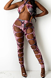 Rose Red Sexy Digital Printing Hurnt Flower Hole Strapless Halter Neck Fashion Two Piece SZS8086-1