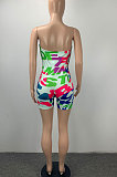Green Women Fashion Bodycon Printing Off Shoulder Boob Tube Top Romper Shorts ML7449-3
