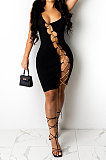 Black Women Sexy Condole Belt Chain Cross Mini Dress MA6704-2