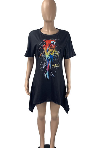 Black Euramerican Women Fashion Casual Loose Printing Irregularity Mini Dress ML7445-1