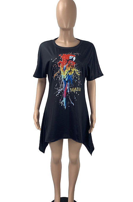Black Euramerican Women Fashion Casual Loose Printing Irregularity Mini Dress ML7445-1