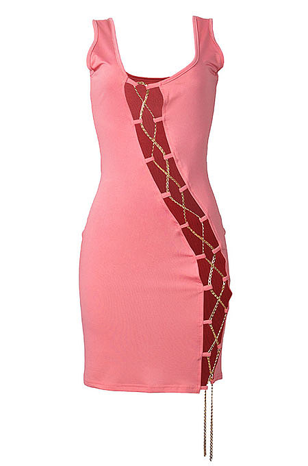 Pink Women Sexy Condole Belt Chain Cross Mini Dress MA6704-1
