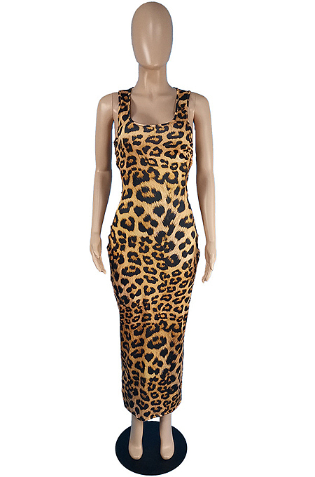 Coffee Euraemrican Hollow Out Sexy Leipard Print Tank Long Dress MK059 