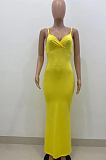 Yellow Summer Fashion Pure Color Sexy Sling Backless Long Dress ZQ8108-1