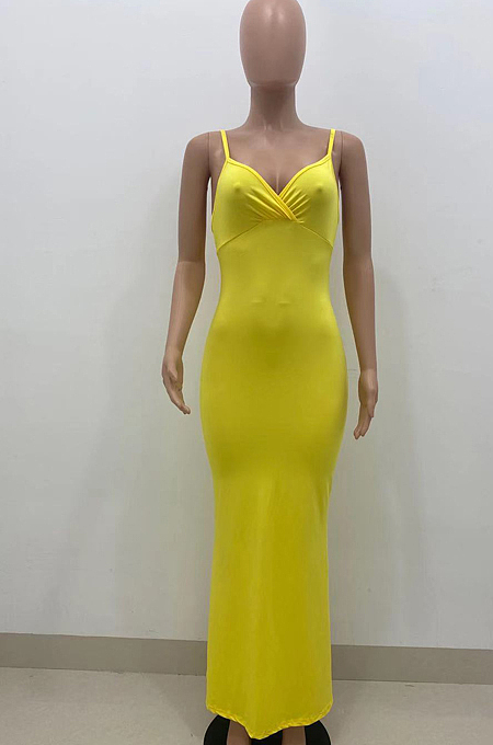 Yellow Summer Fashion Pure Color Sexy Sling Backless Long Dress ZQ8108-1