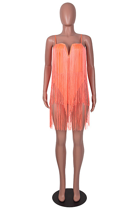 Pink Red Fashion Sexy Sling Tassel Strapless Mini Dress SZS8085-1