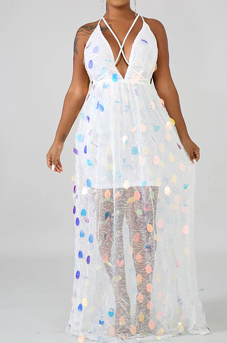 White Fashion Backless Bind Sequins Sesy Long Dress LA3147-2