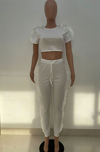 White Women Pure Color Casual Cute Agaric Edge Pants Sets AMW8325-1