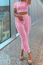 Pink Women Pure Color Casual Cute Agaric Edge Pants Sets AMW8325-2