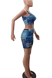 Dark Blue Summer Fashion Printing Tank Shorts Sports Sets TK6190-1