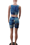 Dark Blue Summer Fashion Printing Tank Shorts Sports Sets TK6190-1