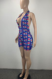 Blue Women Fashion Sexy Deep V Neck Printing Halter Neck Backless Romper Shorts ML7450-1