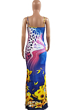 Purple Leopard Print Sunflower Cotton Sexy Sling Long Dress H1673