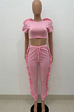 Pink Women Pure Color Casual Cute Agaric Edge Pants Sets AMW8325-2
