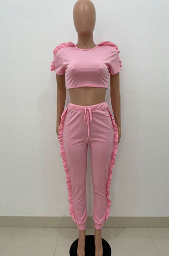 Pink Women Pure Color Casual Cute Agaric Edge Pants Sets AMW8325-2