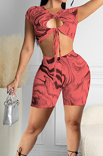 Red Digital Printing Strapless Tie A Knot Dew Waist Sexy Fashion Two Piece SZS8103-2