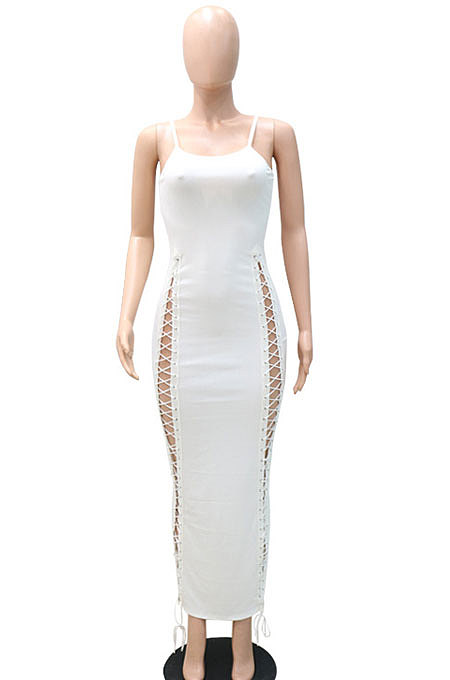 White Pit Bar Ribbon Pure Color Tight Condole Belt Long Dress YF9089-1