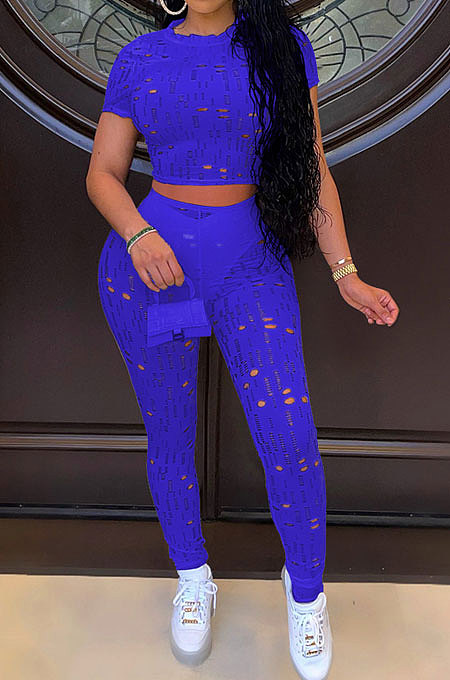Blue Women Short Sleeve Knitting Hole Pants Sets YF9173-5