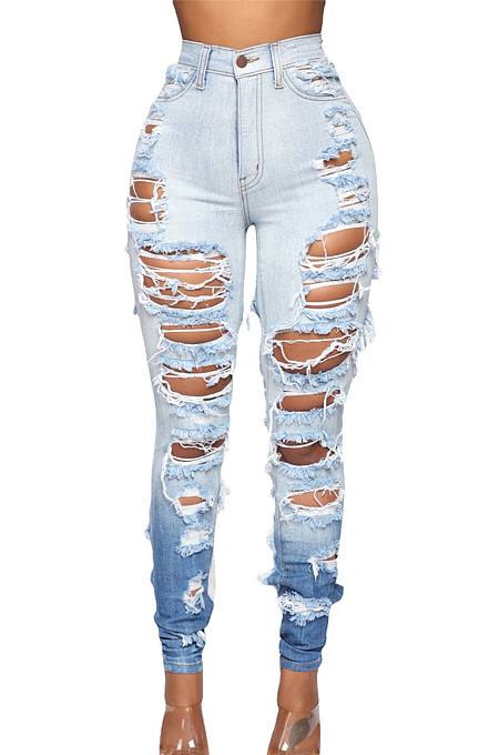 Light Blue Casual Wash Water Hole Gradient Stretch Jean Pant LA3285 